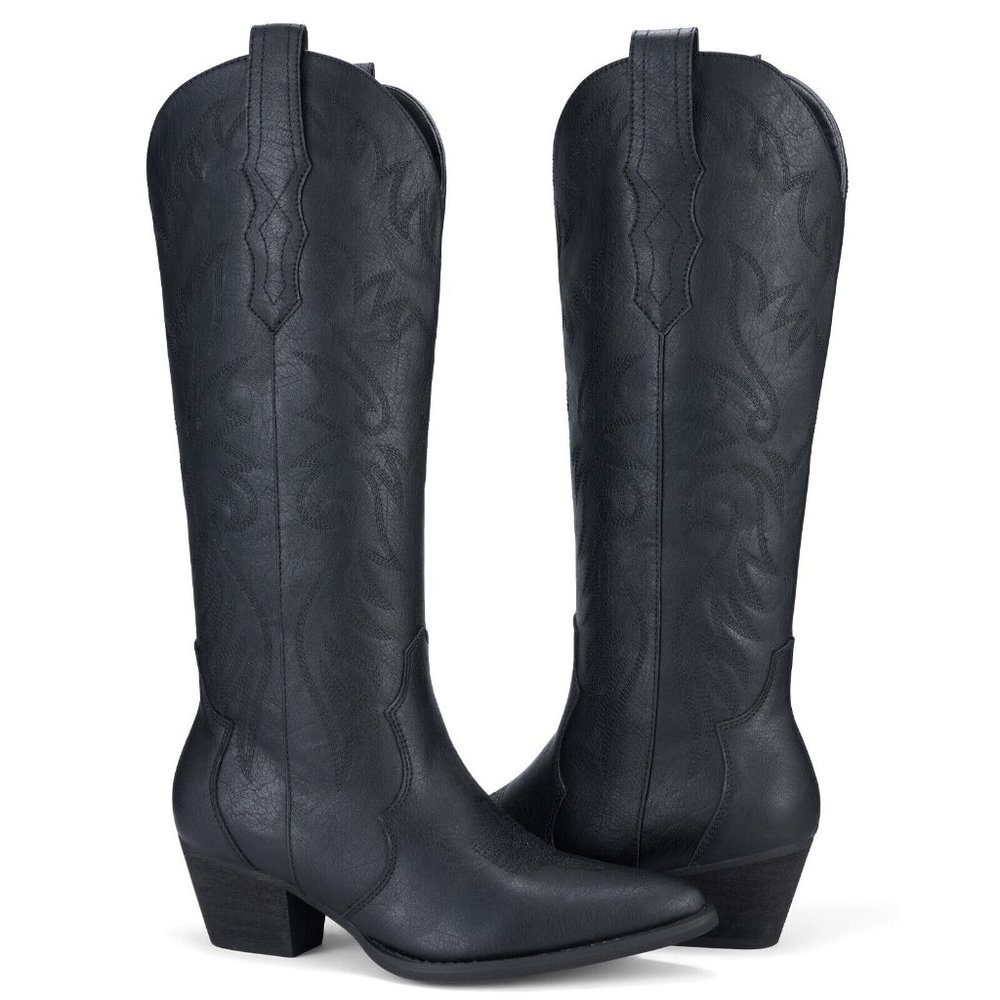 HISEA Women's Western Boots Cowboy Cowgirl Embroidered Knee-High Fashion Shoes